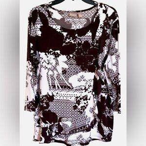 Chico’s Brown & White Abstract Print 3/4 Sleeve Stretch Top Size 2 L